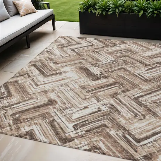 Brown Taupe And Tan Geometric Washable Indoor Outdoor Area Rug Photo 1