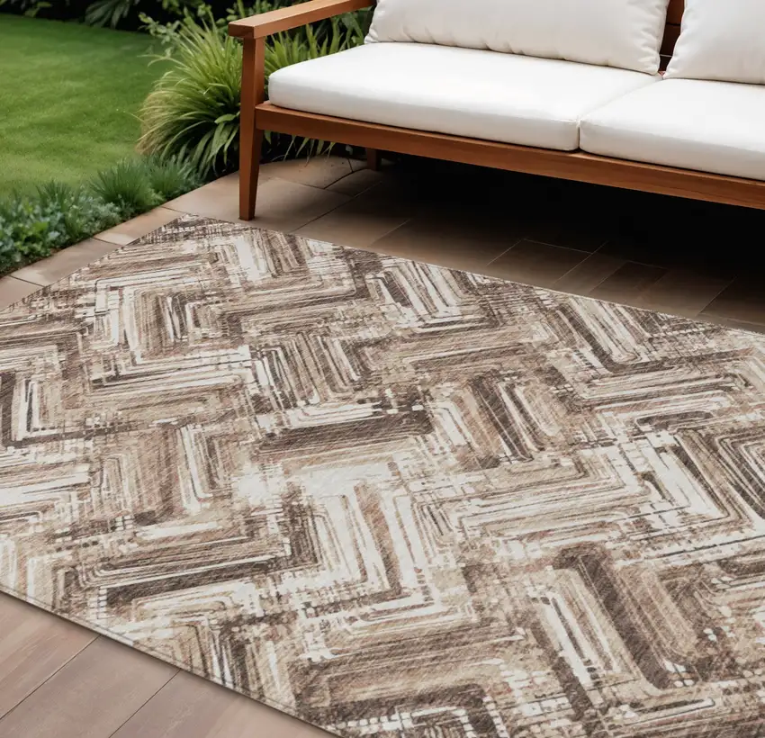 Brown Taupe And Tan Geometric Washable Indoor Outdoor Area Rug Photo 1