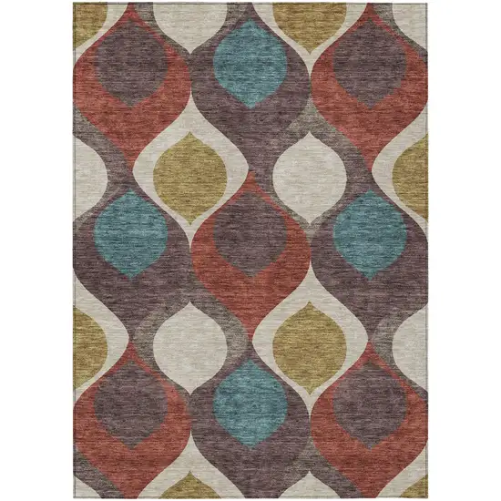 Brown Taupe And Teal Blue Ogee Washable Indoor Outdoor Area Rug Photo 1