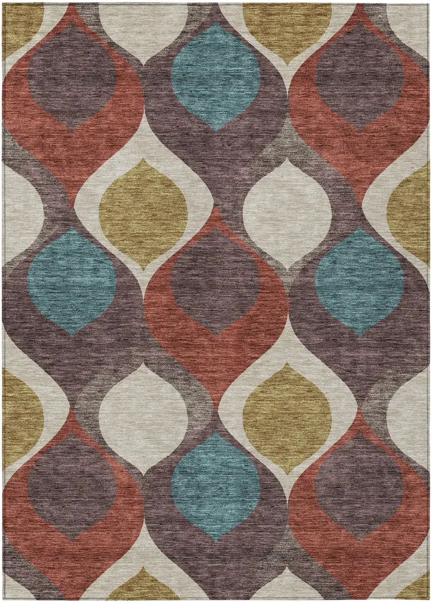 Brown Taupe And Teal Blue Ogee Washable Indoor Outdoor Area Rug Photo 1