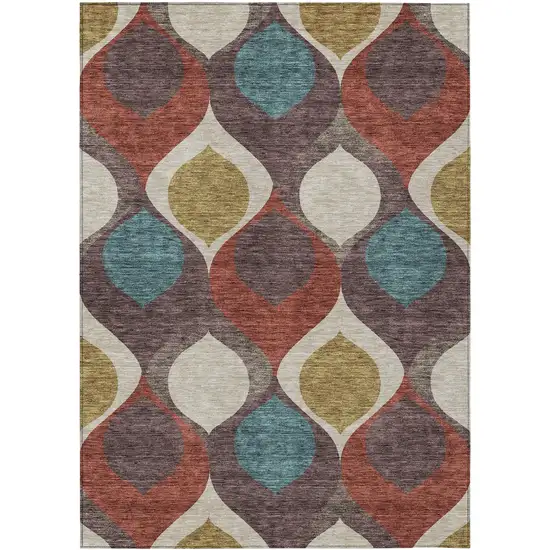 Brown Taupe And Teal Blue Ogee Washable Indoor Outdoor Area Rug Photo 1