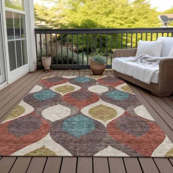 Brown Taupe And Teal Blue Ogee Washable Indoor Outdoor Area Rug Photo 7