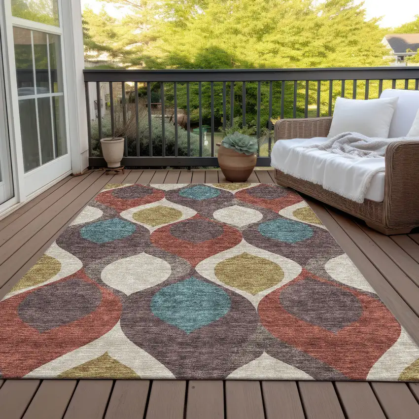 Brown Taupe And Teal Blue Ogee Washable Indoor Outdoor Area Rug Photo 7