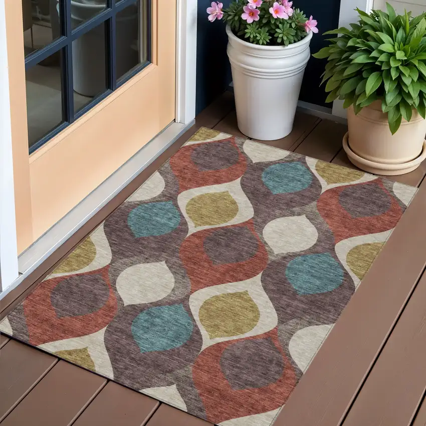 Brown Taupe And Teal Blue Ogee Washable Indoor Outdoor Area Rug Photo 1