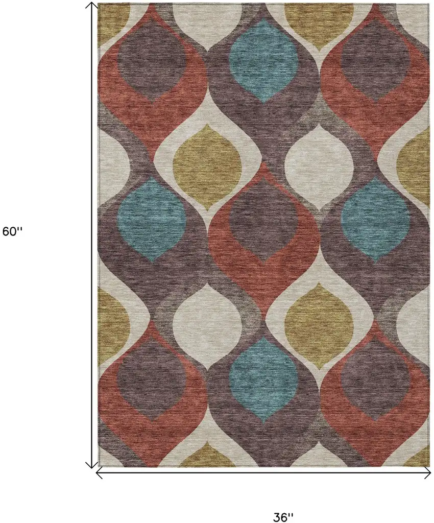 Brown Taupe And Teal Blue Ogee Washable Indoor Outdoor Area Rug Photo 8