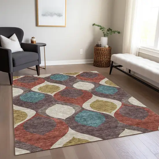 Brown Taupe And Teal Blue Ogee Washable Indoor Outdoor Area Rug Photo 9