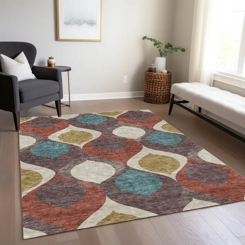 Brown Taupe And Teal Blue Ogee Washable Indoor Outdoor Area Rug Photo 9