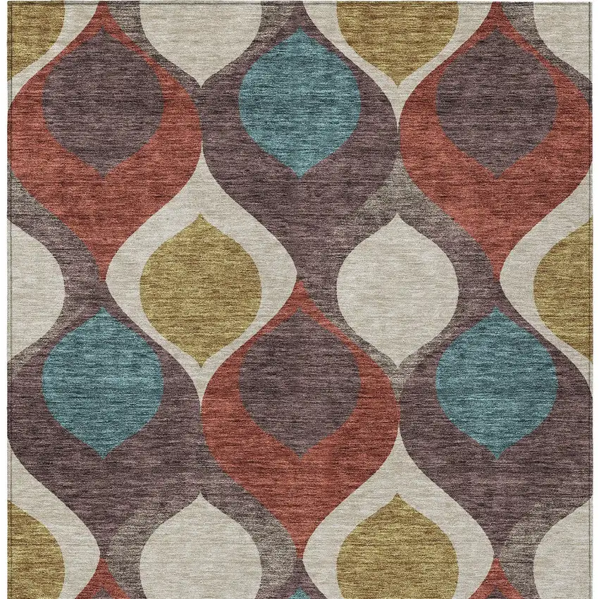 Brown Taupe And Teal Blue Ogee Washable Indoor Outdoor Area Rug Photo 7
