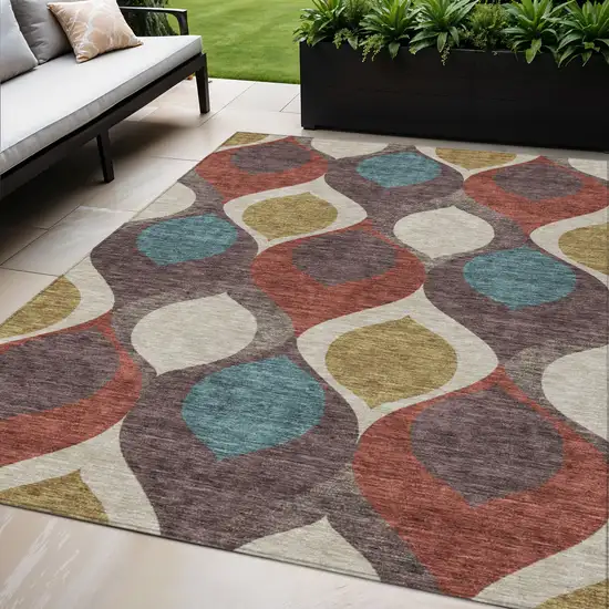 Brown Taupe And Teal Blue Ogee Washable Indoor Outdoor Area Rug Photo 1