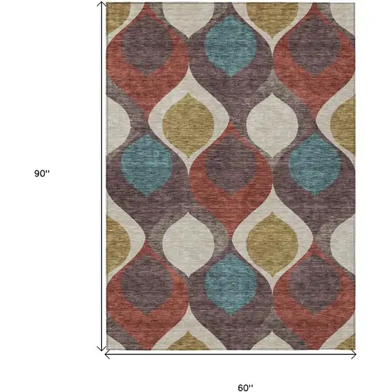 Brown Taupe And Teal Blue Ogee Washable Indoor Outdoor Area Rug Photo 3