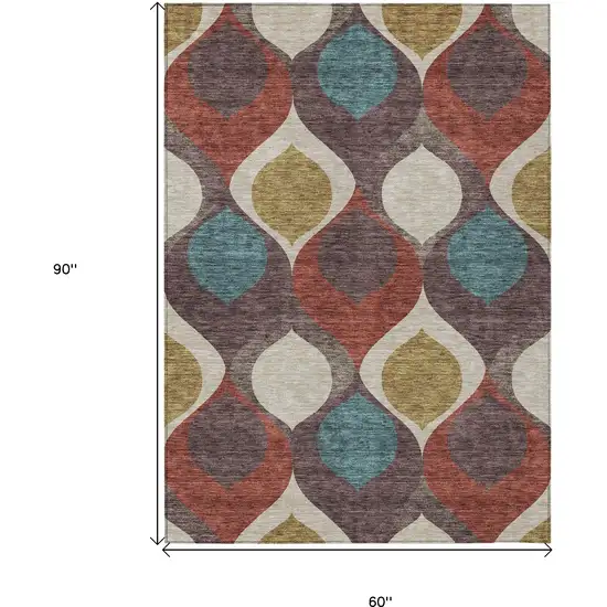 Brown Taupe And Teal Blue Ogee Washable Indoor Outdoor Area Rug Photo 3