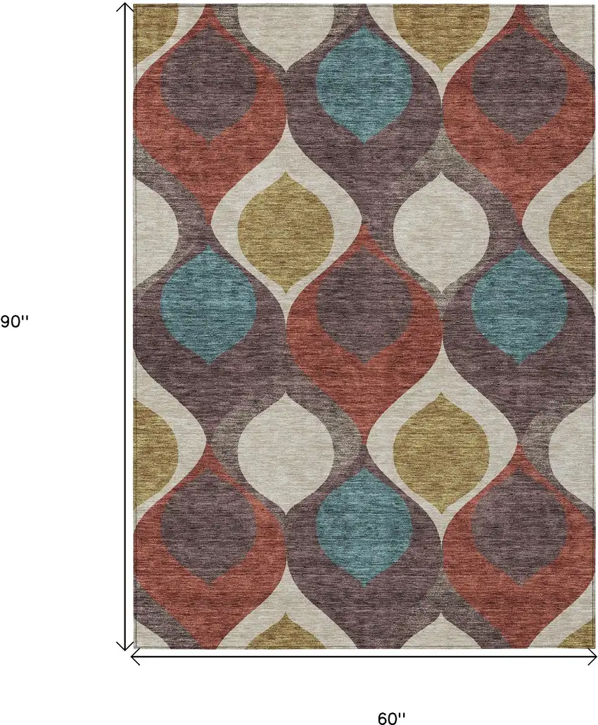 Brown Taupe And Teal Blue Ogee Washable Indoor Outdoor Area Rug Photo 3