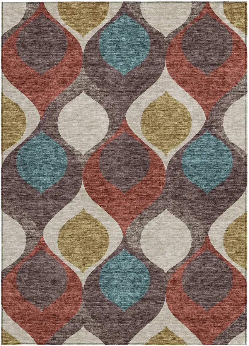 Brown Taupe And Teal Blue Ogee Washable Indoor Outdoor Area Rug Photo 5