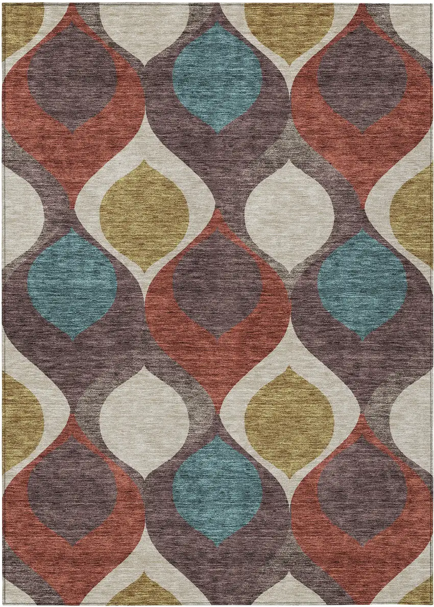 Brown Taupe And Teal Blue Ogee Washable Indoor Outdoor Area Rug Photo 1
