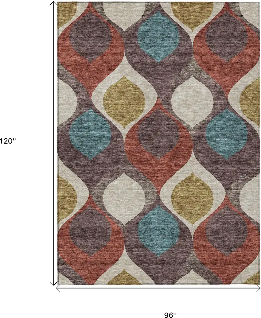 Brown Taupe And Teal Blue Ogee Washable Indoor Outdoor Area Rug Photo 3