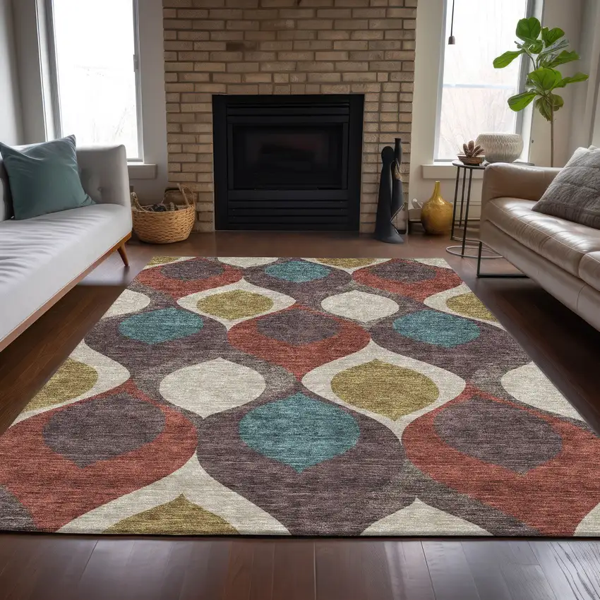 Brown Taupe And Teal Blue Ogee Washable Indoor Outdoor Area Rug Photo 7