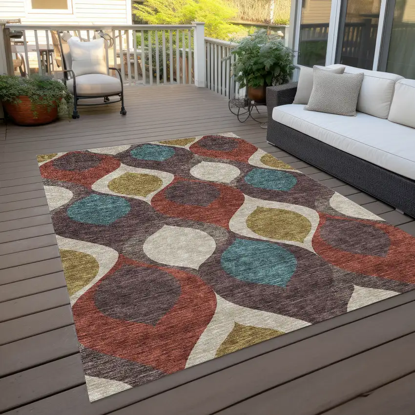 Brown Taupe And Teal Blue Ogee Washable Indoor Outdoor Area Rug Photo 9