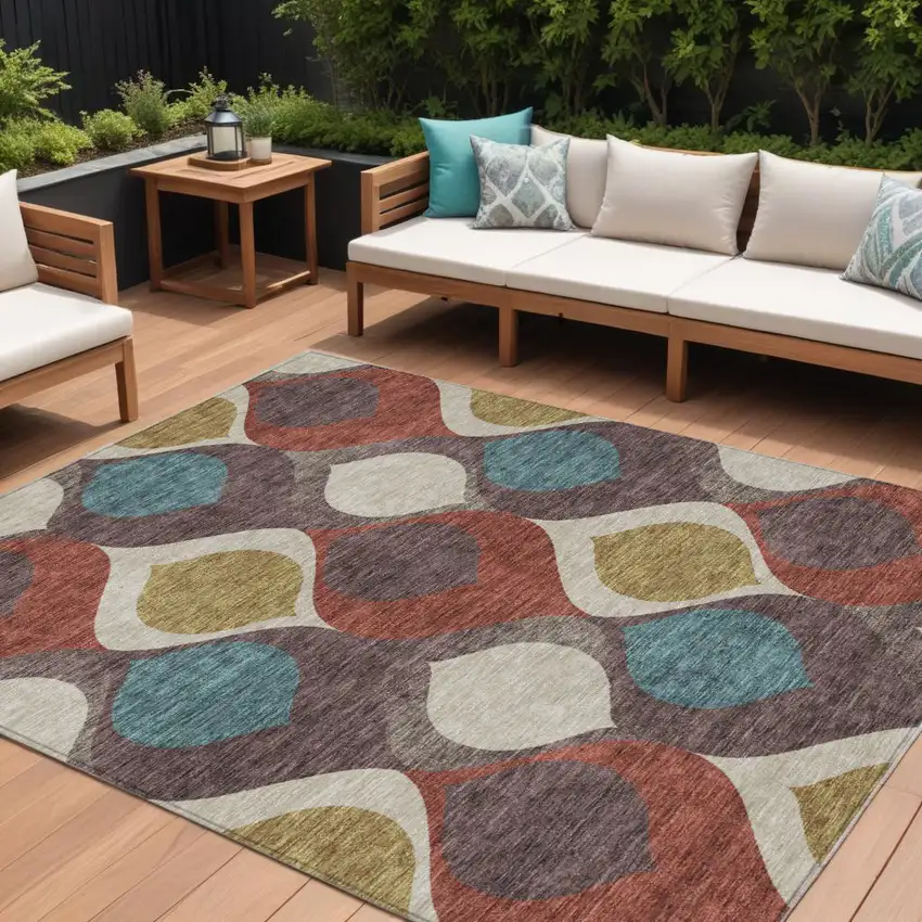 Brown Taupe And Teal Blue Ogee Washable Indoor Outdoor Area Rug Photo 1