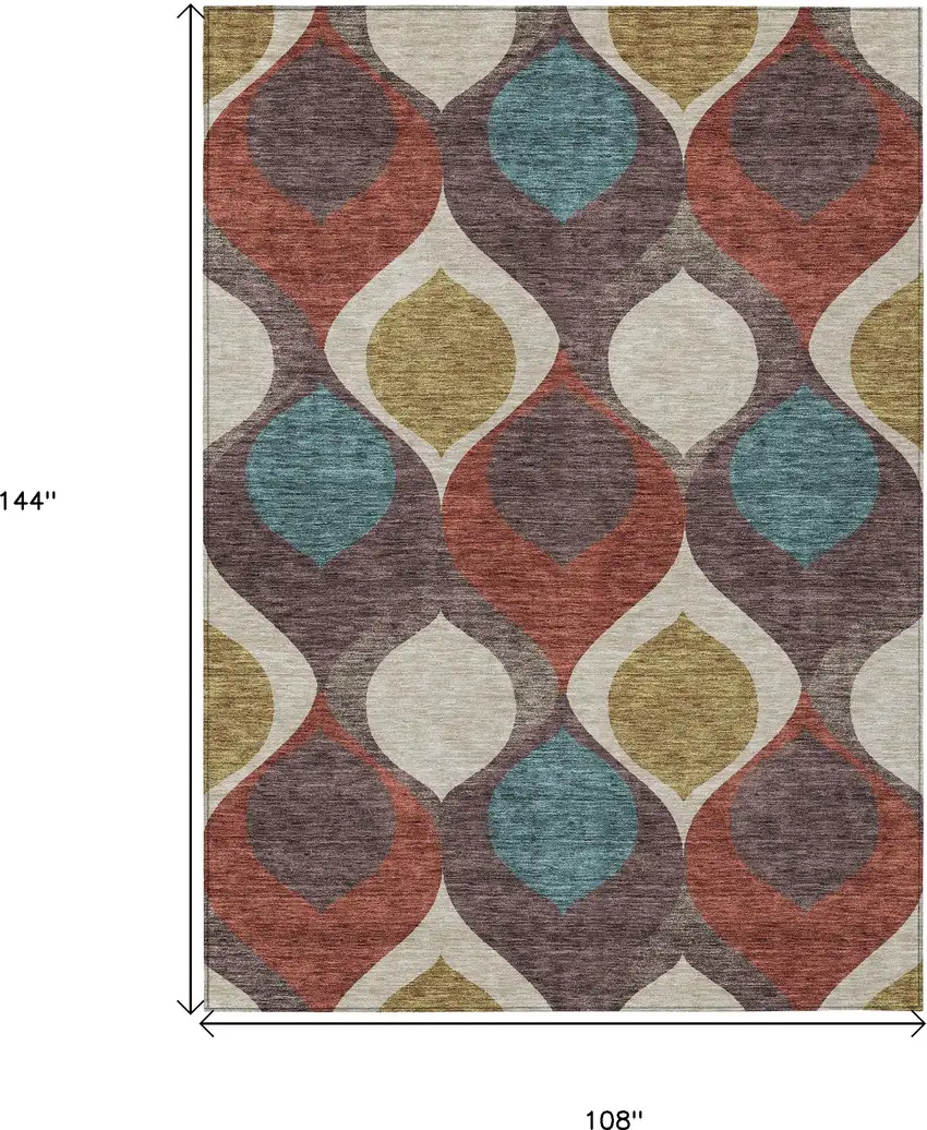 Brown Taupe And Teal Blue Ogee Washable Indoor Outdoor Area Rug Photo 3