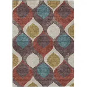 Photo of Brown Taupe And Teal Blue Ogee Washable Indoor Outdoor Area Rug
