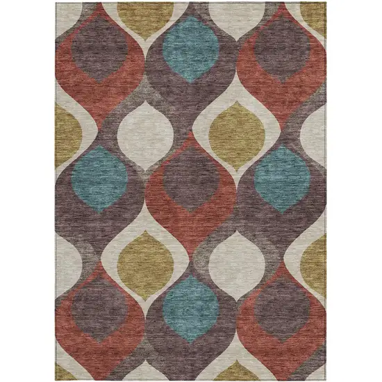 Brown Taupe And Teal Blue Ogee Washable Indoor Outdoor Area Rug Photo 5