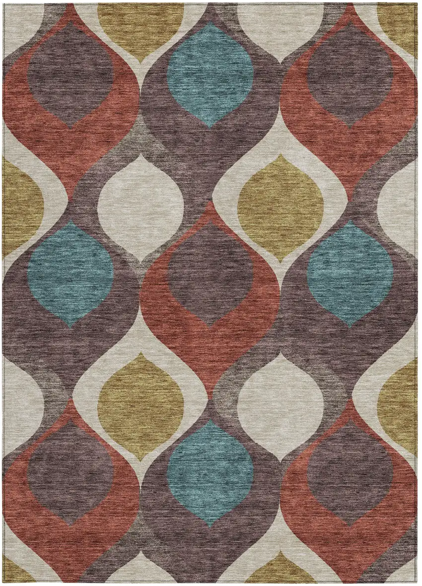 Brown Taupe And Teal Blue Ogee Washable Indoor Outdoor Area Rug Photo 5