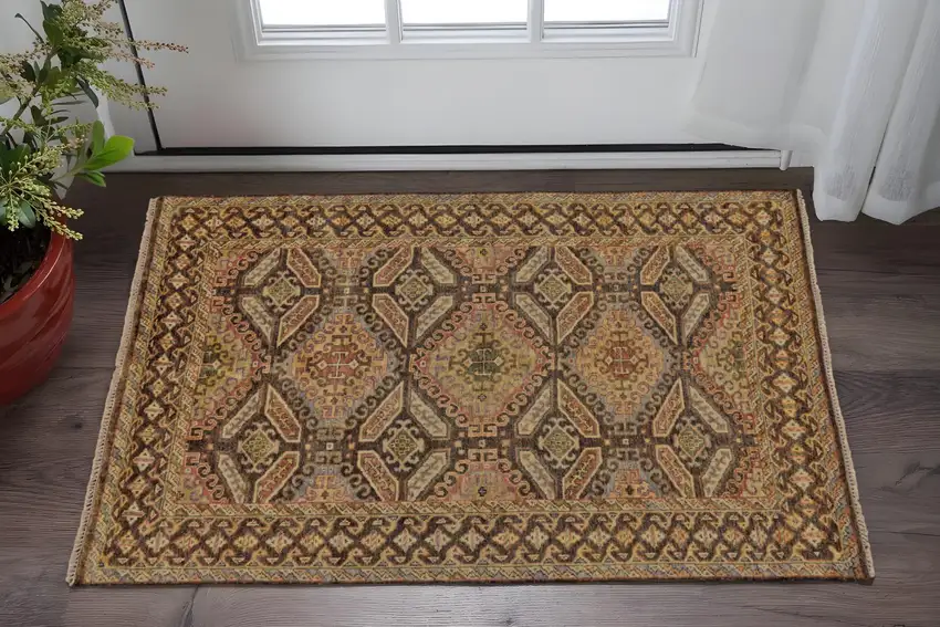 Brown Taupe and Orange Wool Southwestern Hand Knotted Area Rug Photo 1
