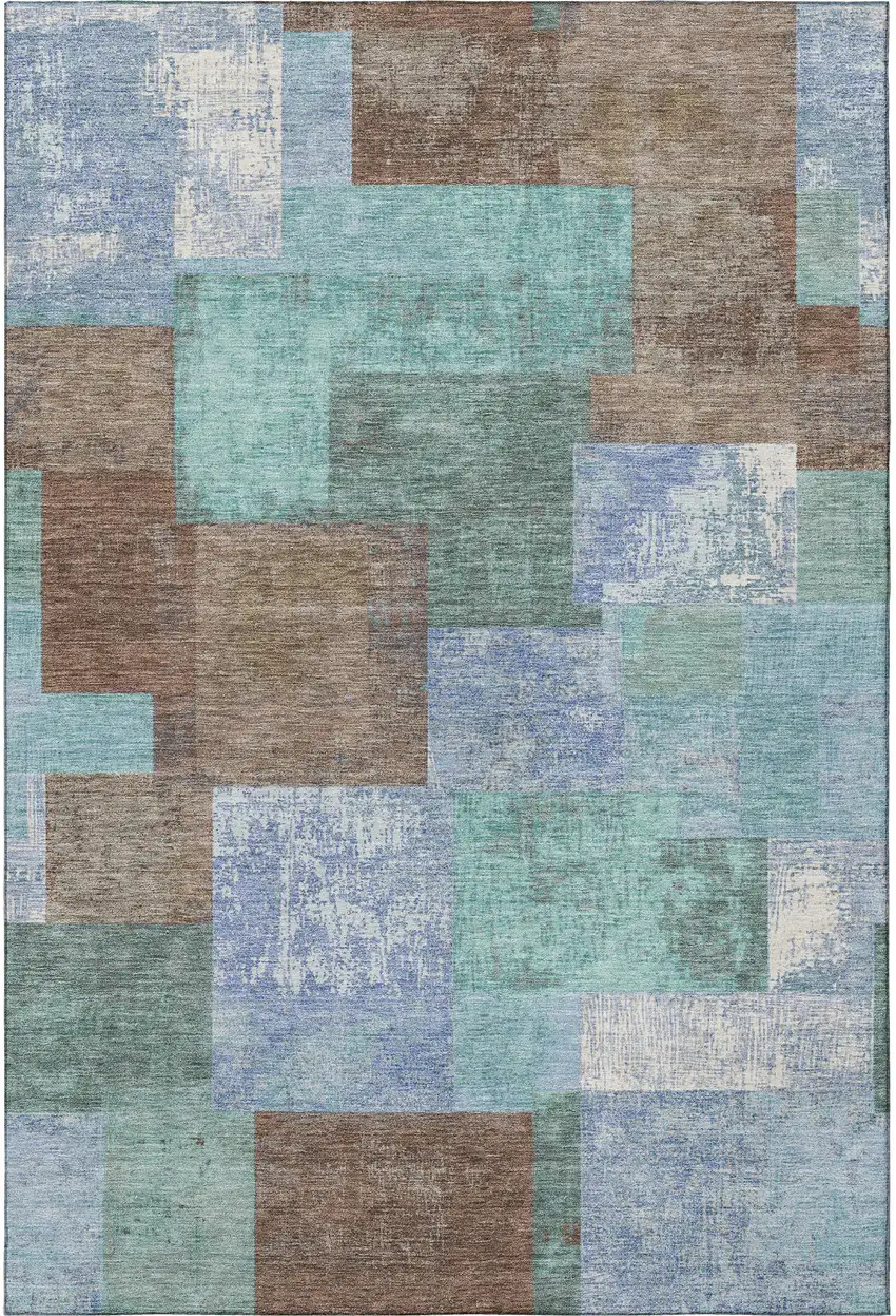 Brown Teal And Ivory Geometric Washable Area Rug With UV Protection Photo 3