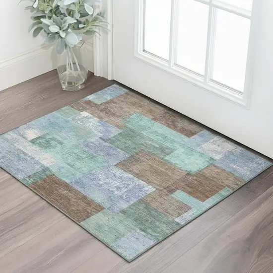 Brown Teal And Ivory Geometric Washable Area Rug With UV Protection Photo 2