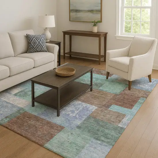 Brown Teal And Ivory Geometric Washable Area Rug With UV Protection Photo 6