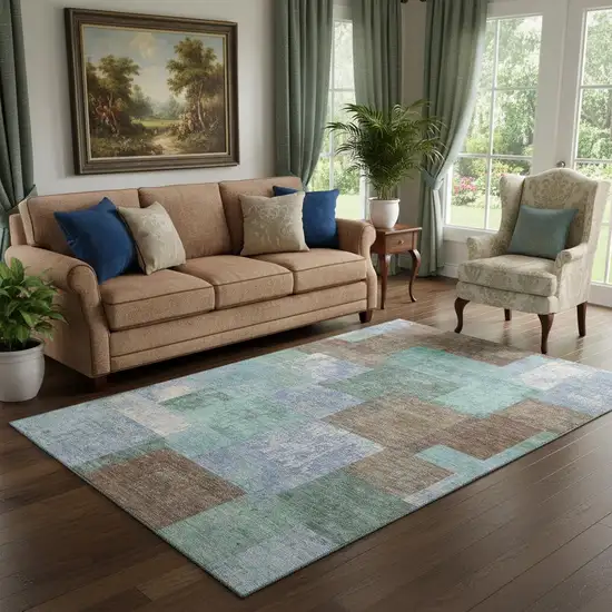 Brown Teal And Ivory Geometric Washable Area Rug With UV Protection Photo 2