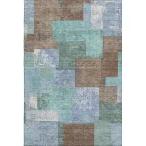 Photo of Brown Teal And Ivory Geometric Washable Area Rug With UV Protection