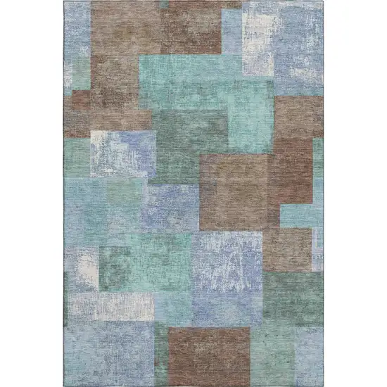 Brown Teal And Ivory Geometric Washable Area Rug With UV Protection Photo 1