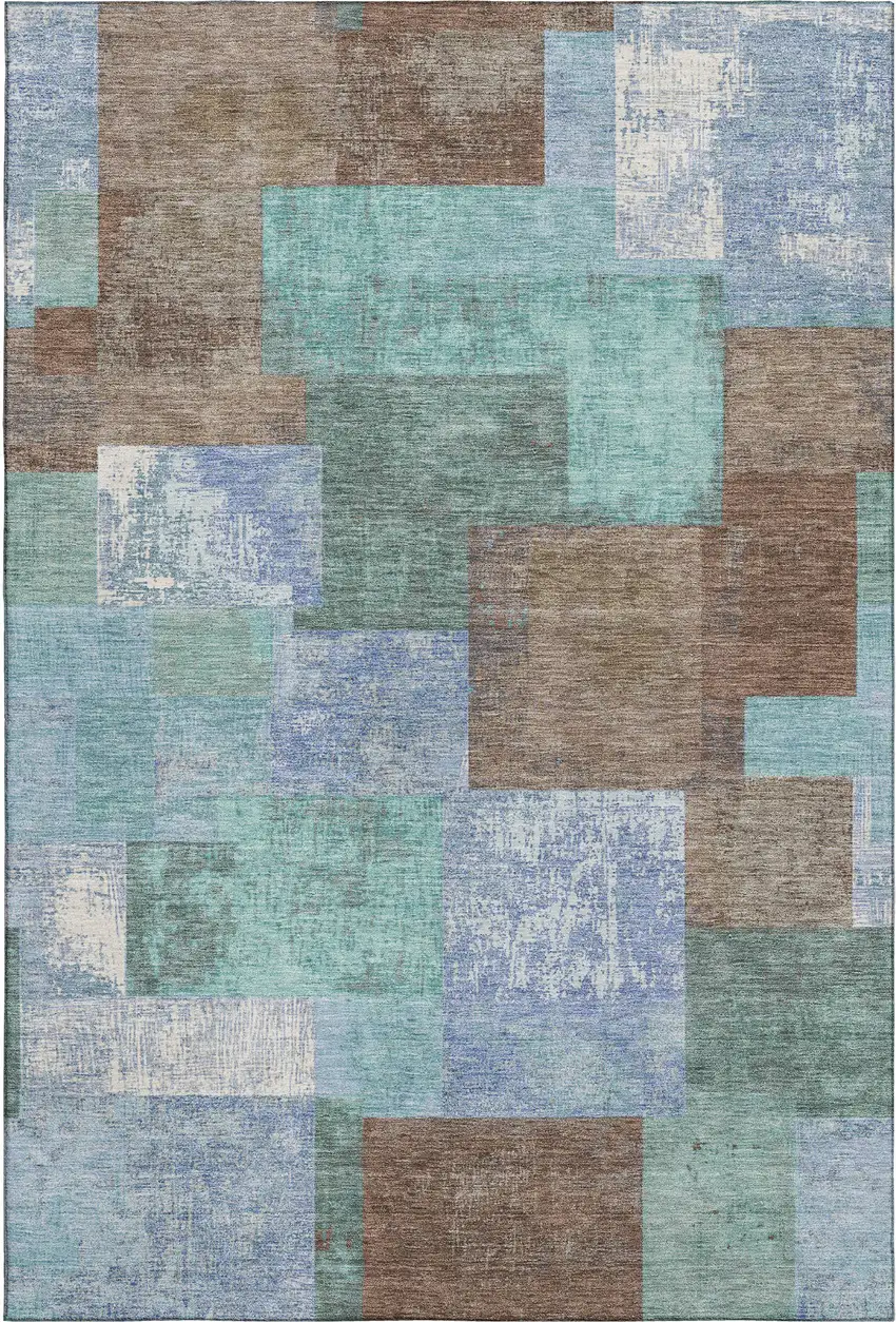 Brown Teal And Ivory Geometric Washable Area Rug With UV Protection Photo 1