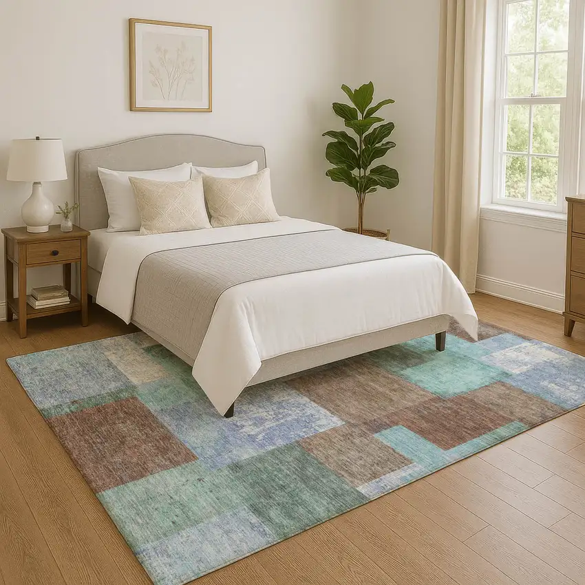 Brown Teal And Ivory Geometric Washable Area Rug With UV Protection Photo 5