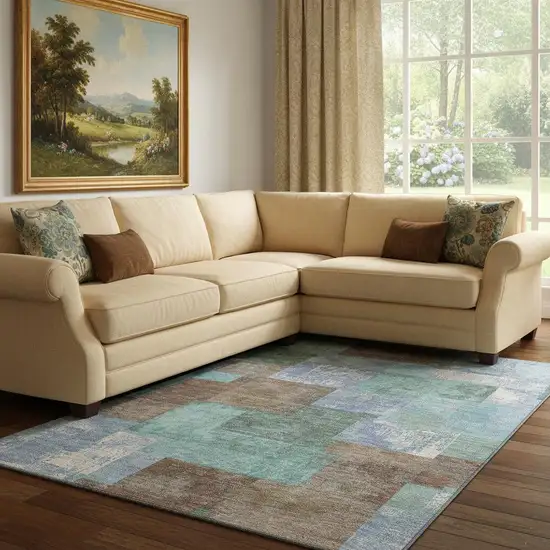 Brown Teal And Ivory Geometric Washable Area Rug With UV Protection Photo 2