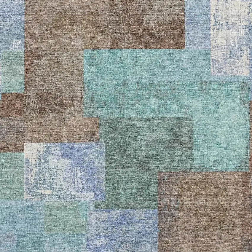 Brown Teal And Ivory Geometric Washable Area Rug With UV Protection Photo 3