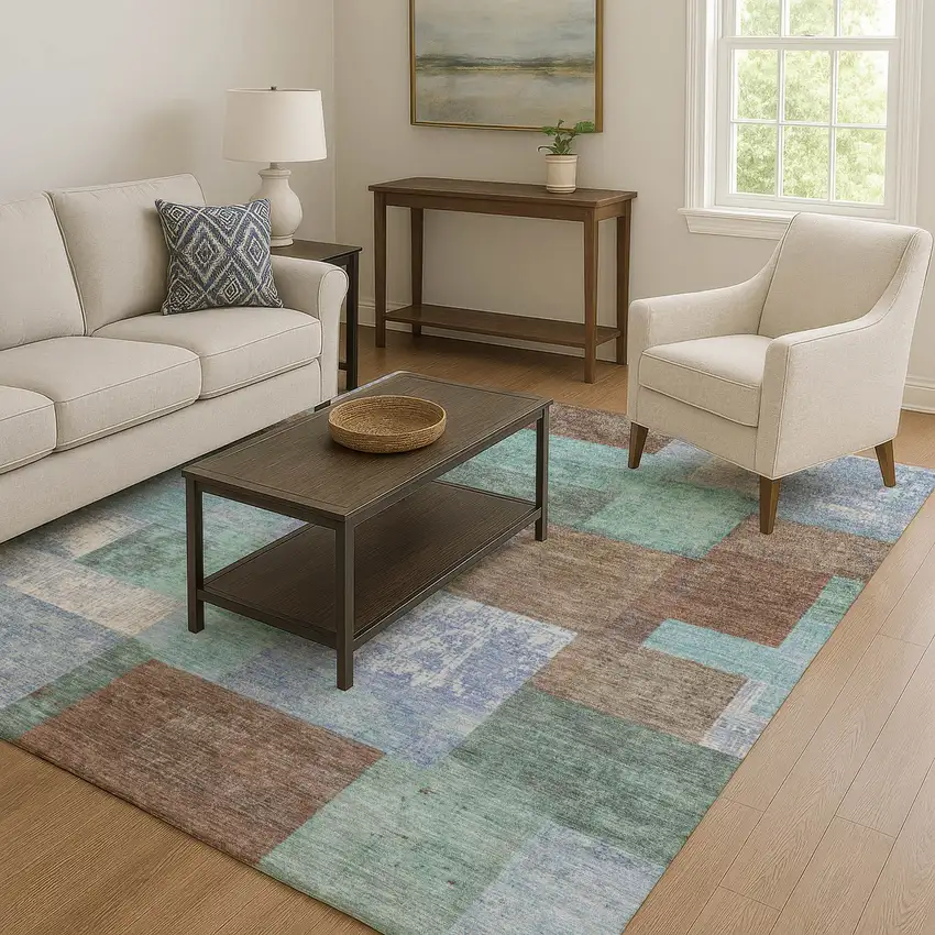 Brown Teal And Ivory Geometric Washable Area Rug With UV Protection Photo 6