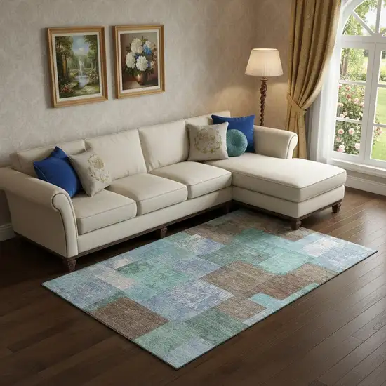 Brown Teal And Ivory Geometric Washable Area Rug With UV Protection Photo 2