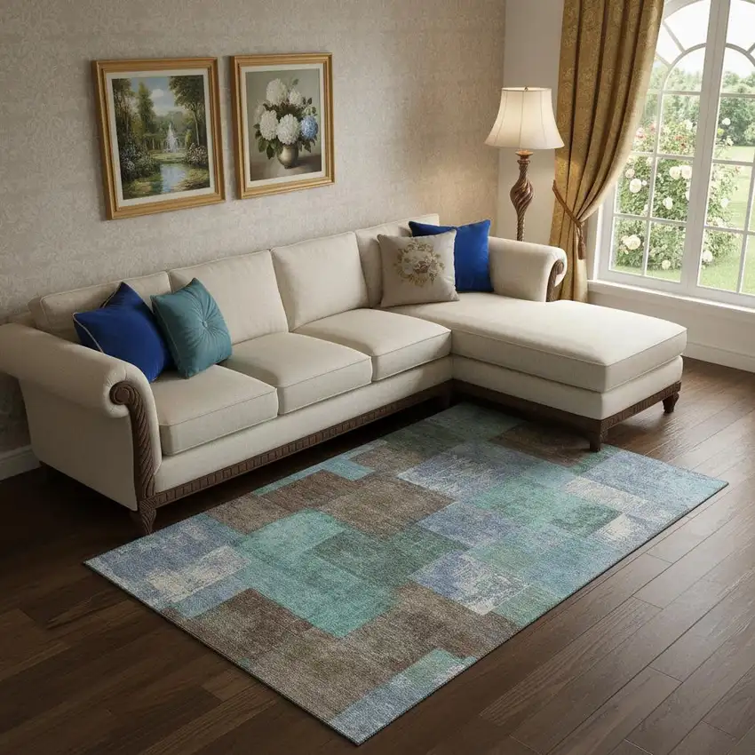 Brown Teal And Ivory Geometric Washable Area Rug With UV Protection Photo 2