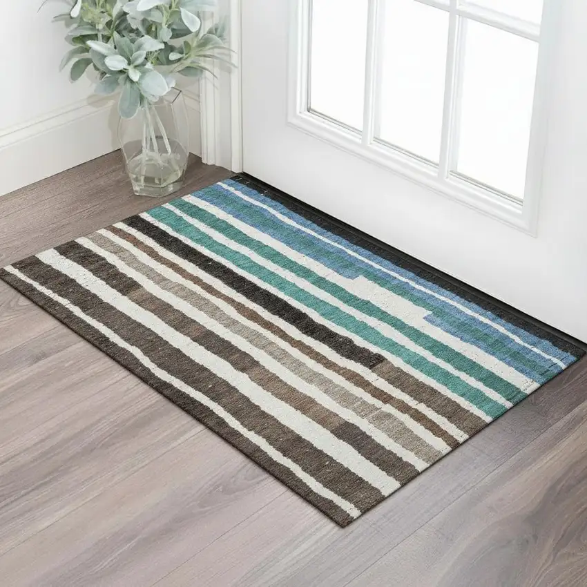 Brown Teal And Ivory Striped Washable Area Rug With UV Protection Photo 2