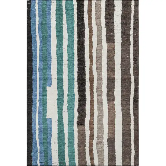 Brown Teal And Ivory Striped Washable Area Rug With UV Protection Photo 4