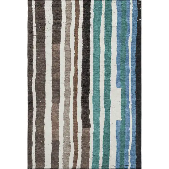 Brown Teal And Ivory Striped Washable Area Rug With UV Protection Photo 1