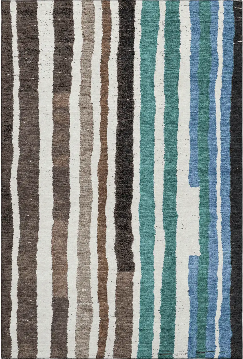 Brown Teal And Ivory Striped Washable Area Rug With UV Protection Photo 1