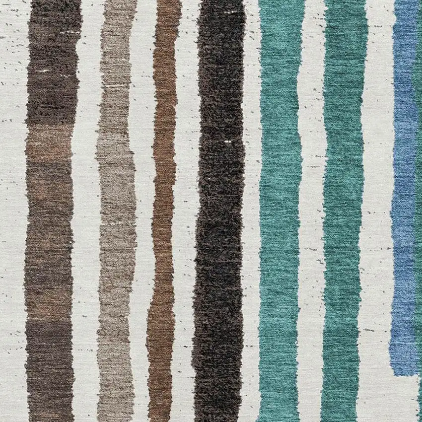 Brown Teal And Ivory Striped Washable Area Rug With UV Protection Photo 3