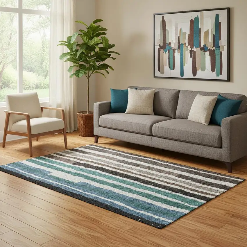 Brown Teal And Ivory Striped Washable Area Rug With UV Protection Photo 2