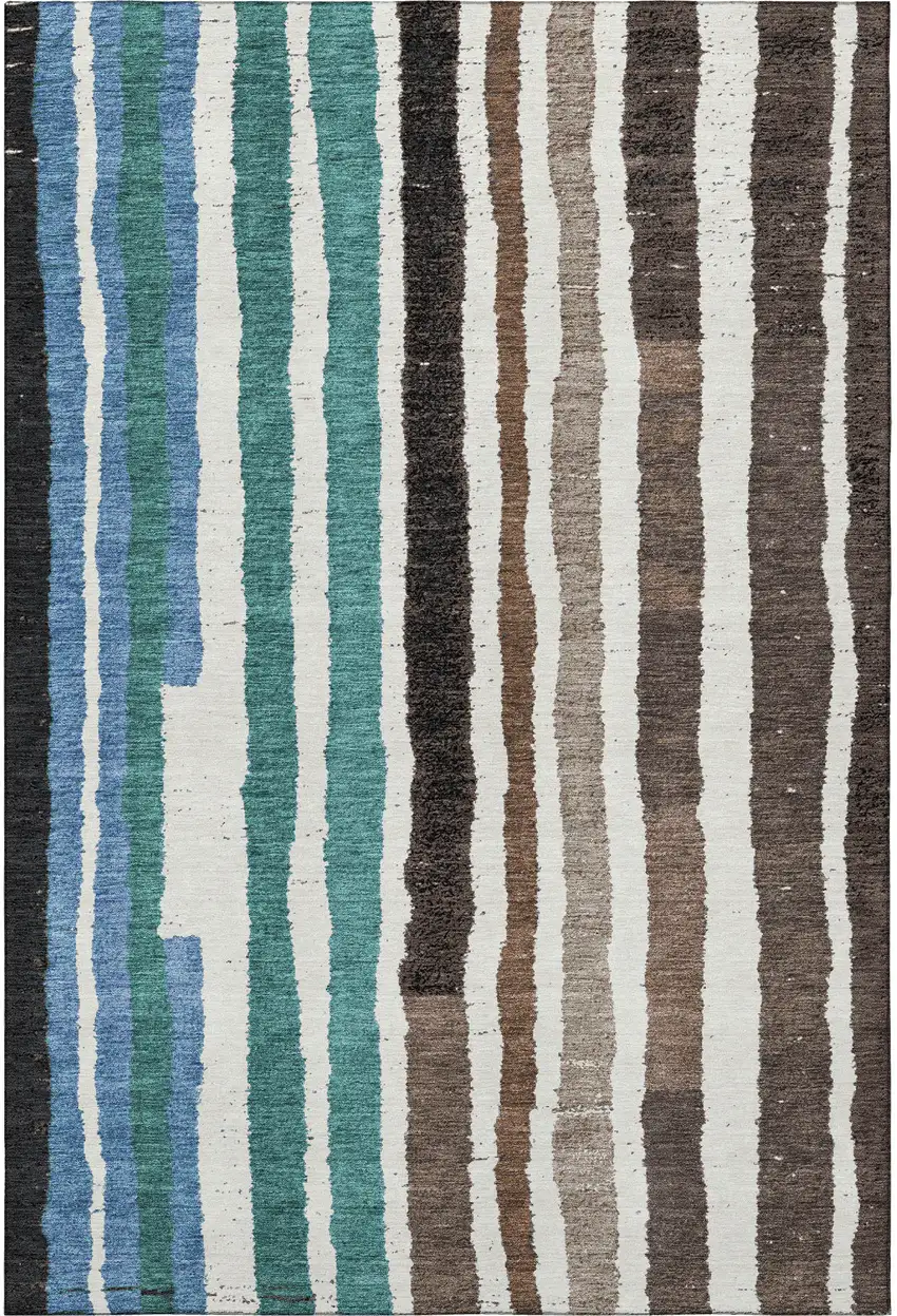 Brown Teal And Ivory Striped Washable Area Rug With UV Protection Photo 4