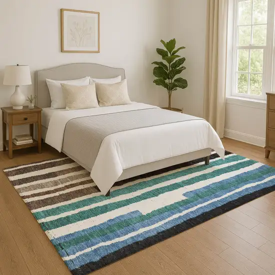 Brown Teal And Ivory Striped Washable Area Rug With UV Protection Photo 5