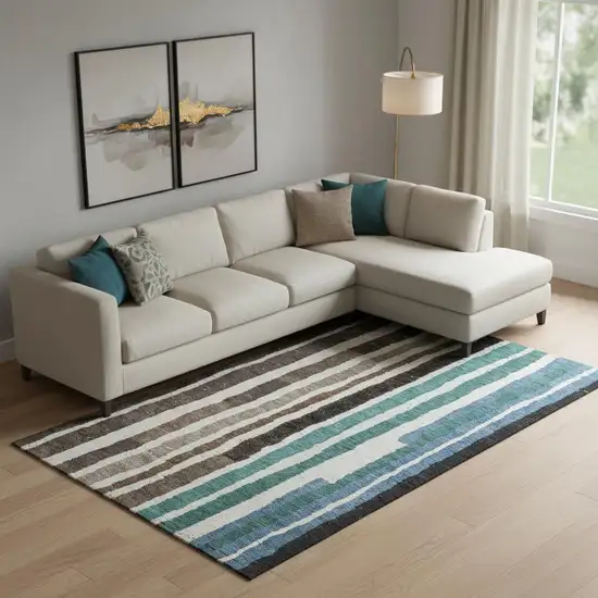 Brown Teal And Ivory Striped Washable Area Rug With UV Protection Photo 2