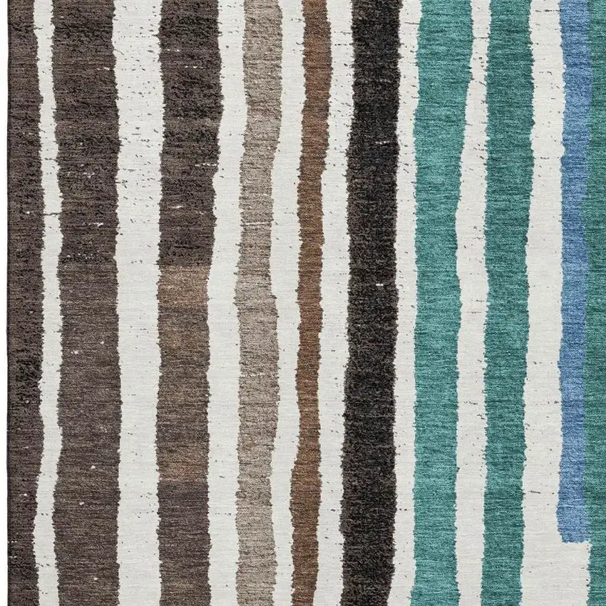 Brown Teal And Ivory Striped Washable Area Rug With UV Protection Photo 3